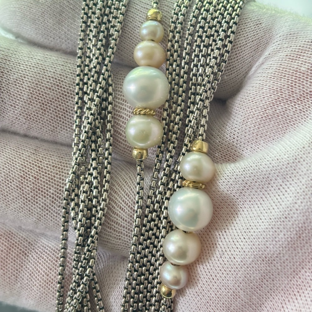 David Yurman 925 & 18k Gold Multi-Strand Pearl Station Necklace 15.5" - Picture 2 of 10